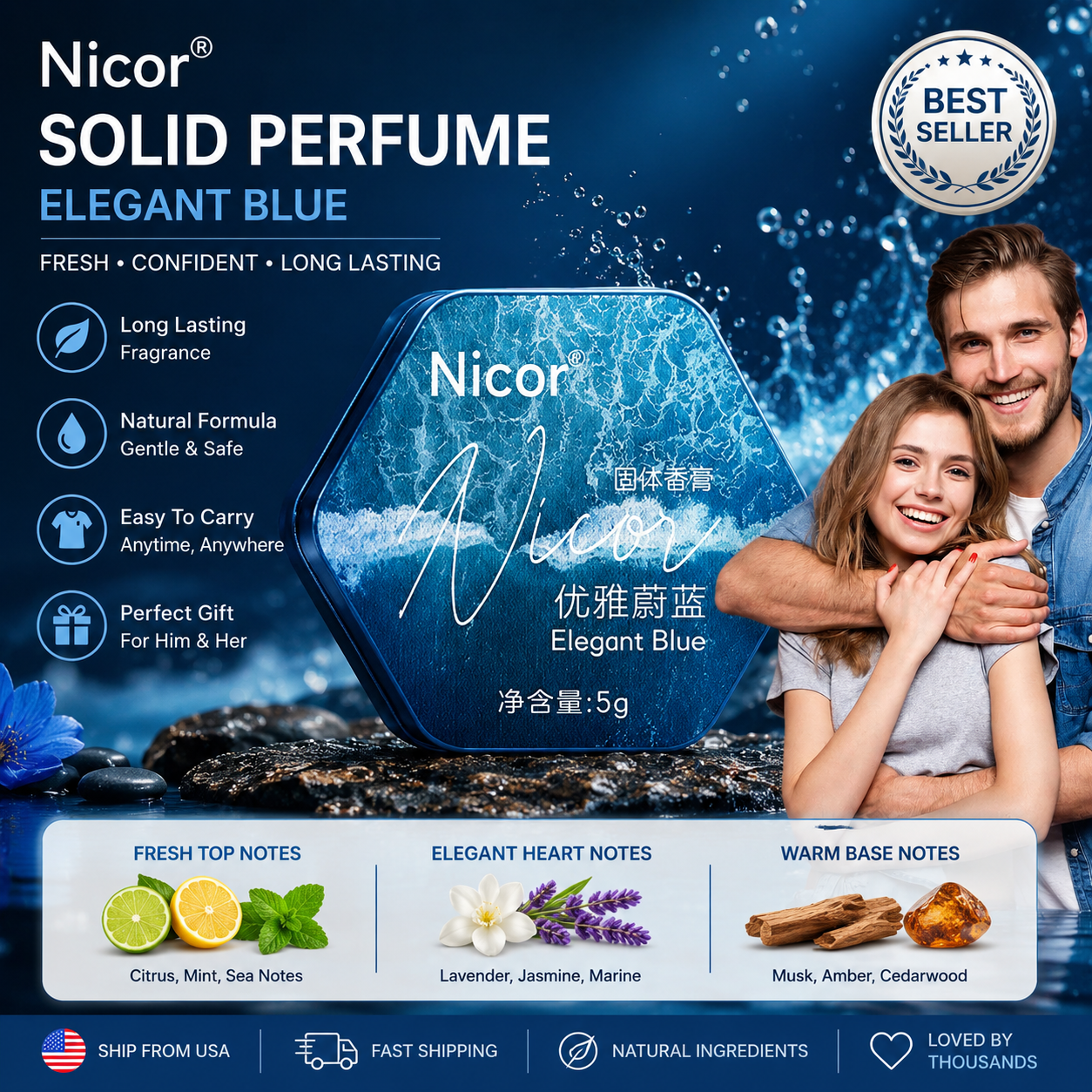 Cologne Solid Balm - ( 2pcs ) Nicor Elegant Blue